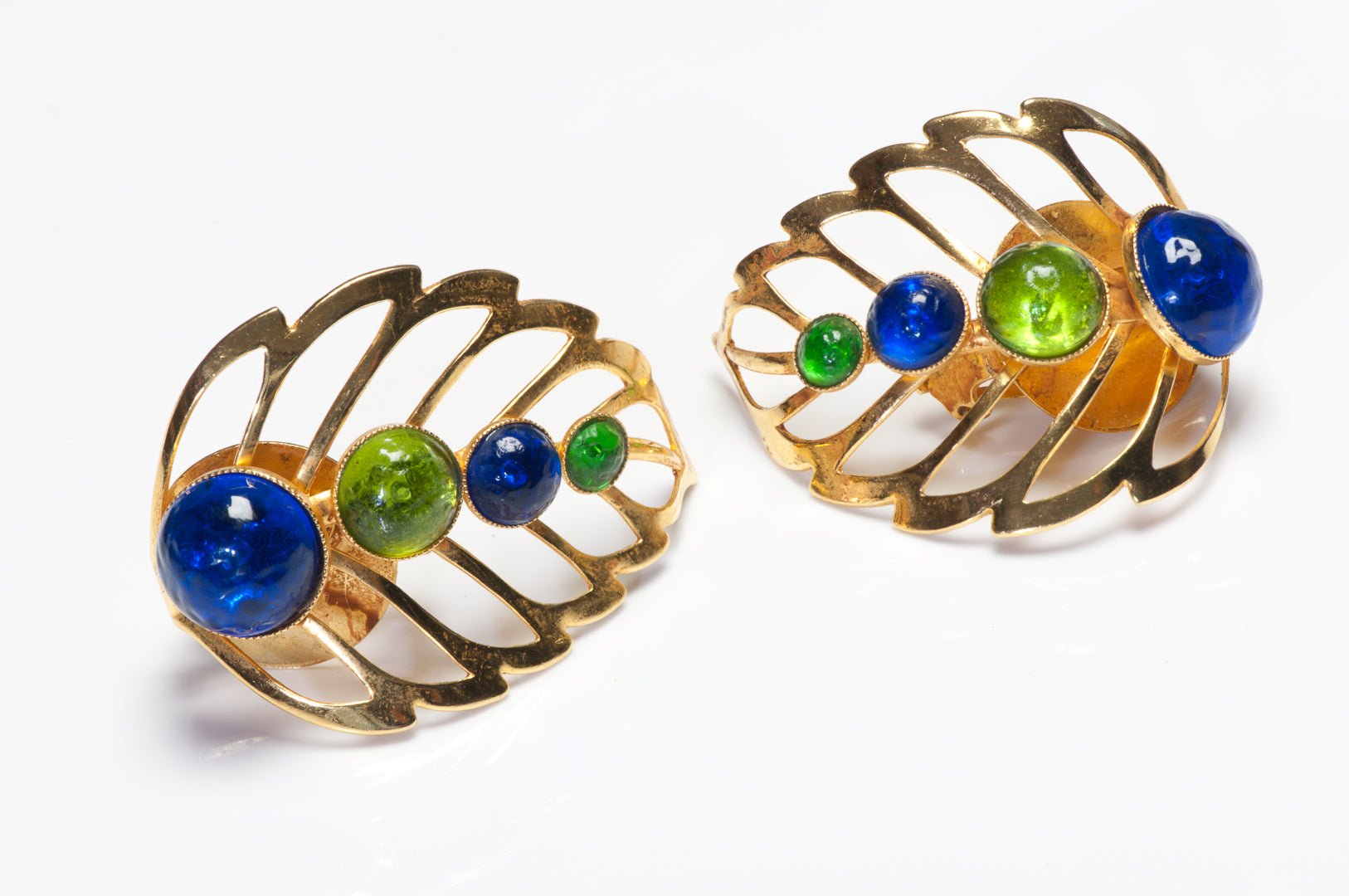 Philippe Ferrandis Paris Gold Plated Green Blue Poured Glass Leaf Earrings