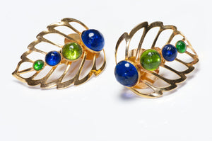 Philippe Ferrandis Paris Gold Plated Green Blue Poured Glass Leaf Earrings