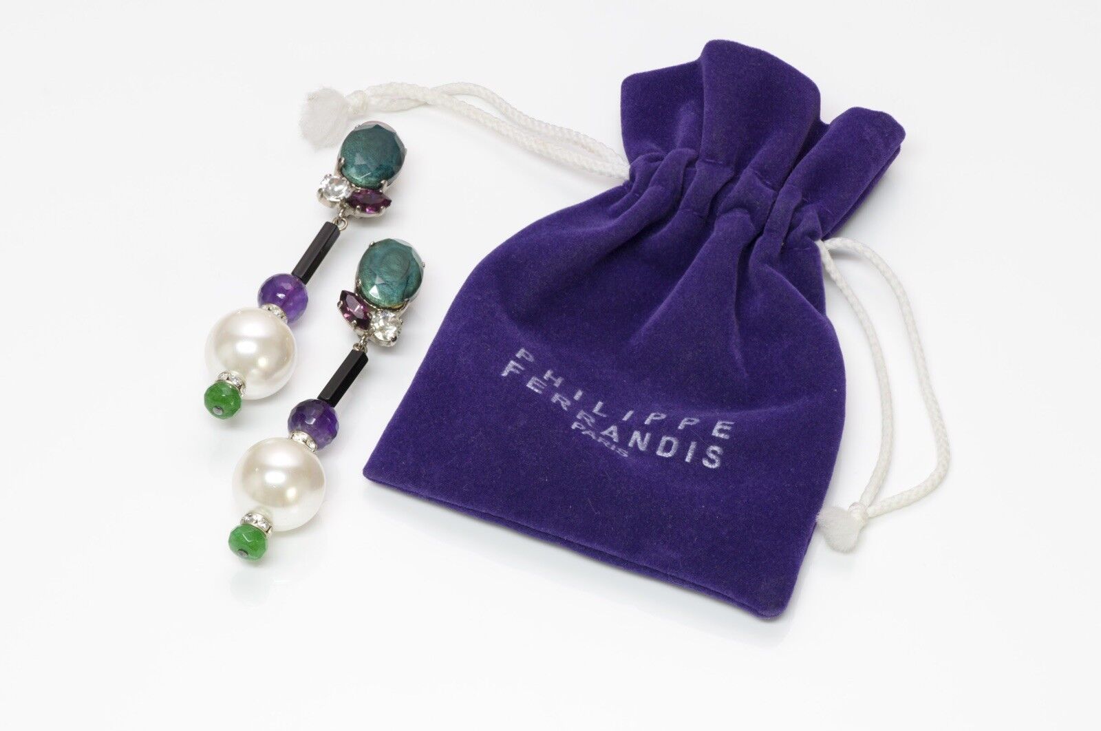 Philippe Ferrandis Paris Green Purple Crystal Pearl Drop Earrings