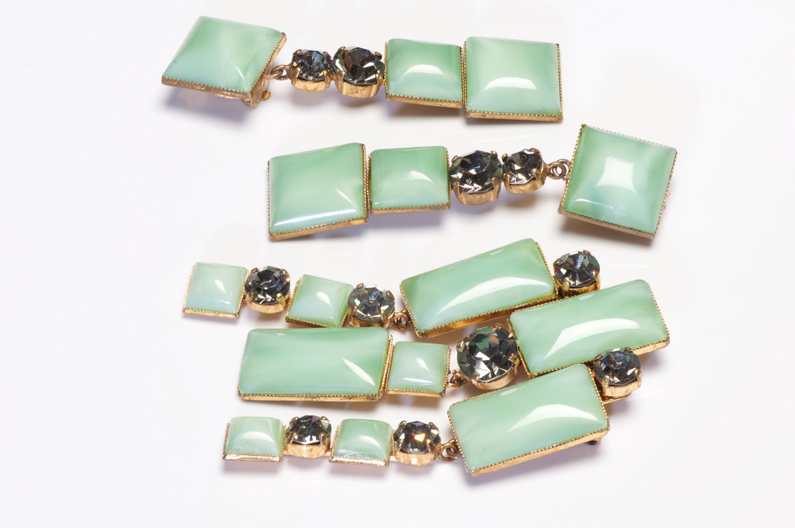 Pierre Cardin Couture 1950's Green Poured Glass Crystal Brooch Earrings Set