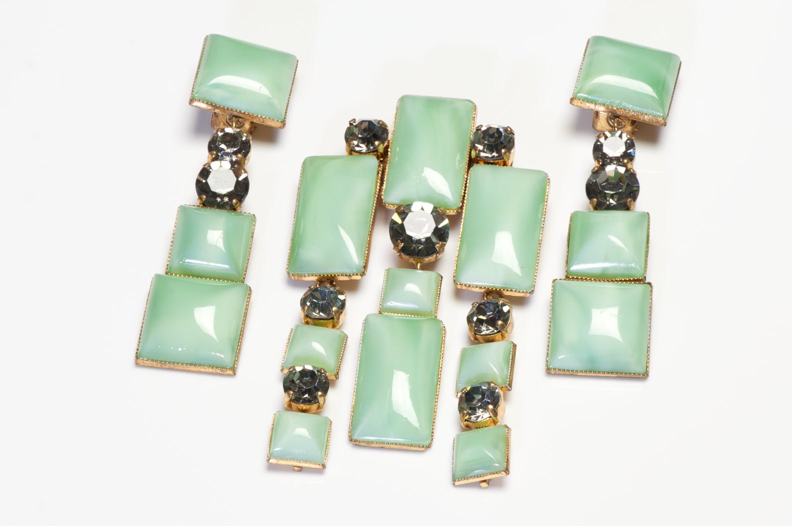 Pierre Cardin Couture 1950's Green Poured Glass Crystal Brooch Earrings Set