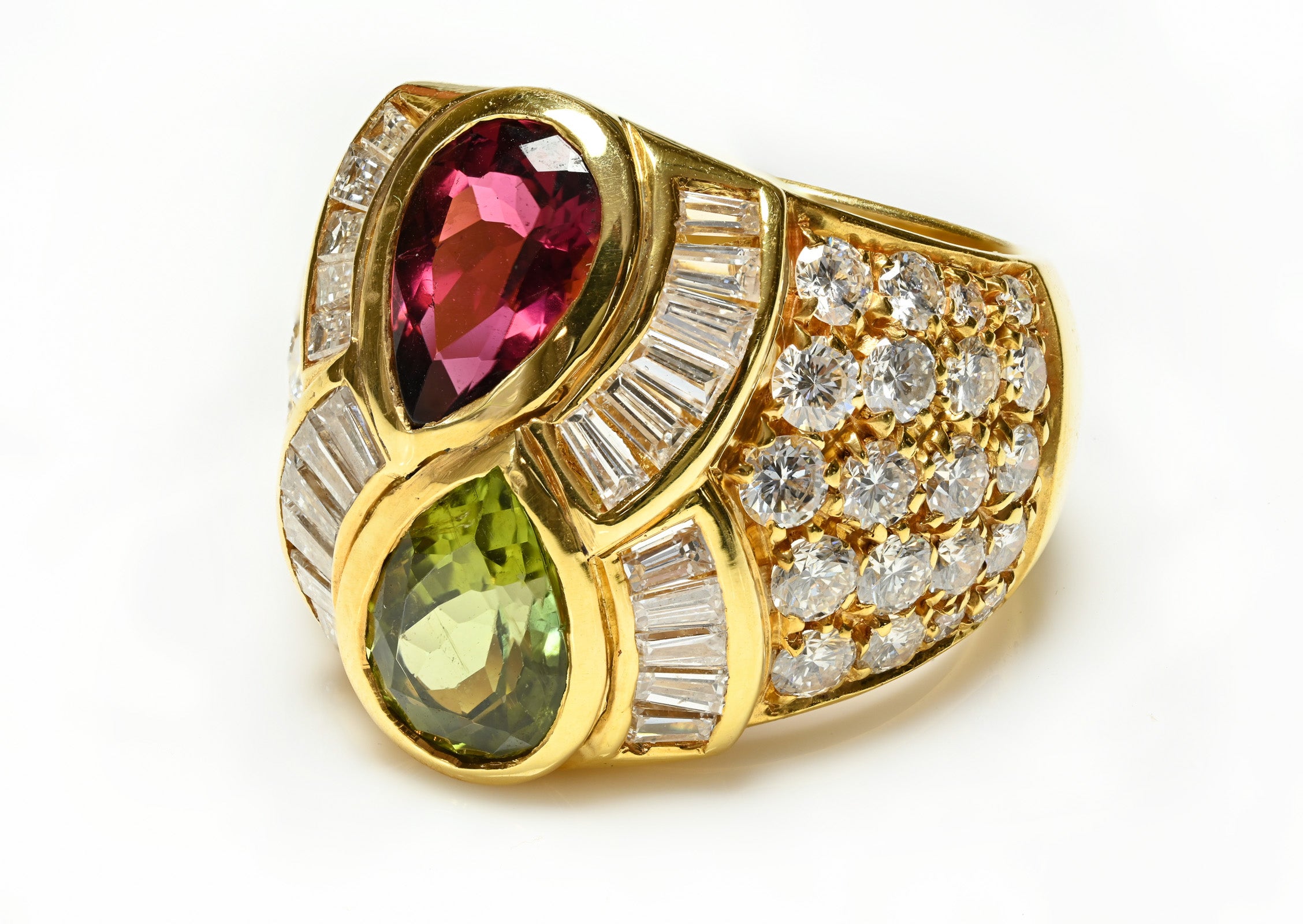 Diamond Pink Green Tourmaline 18K Gold Ring 