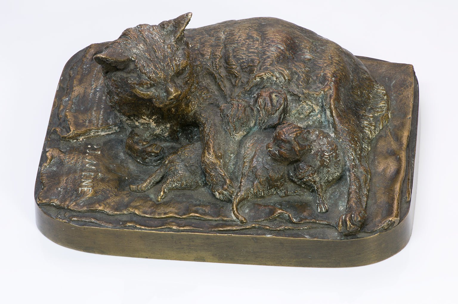 P.J. Mene Bronze Sculpture of Cat Nursing Kittens
