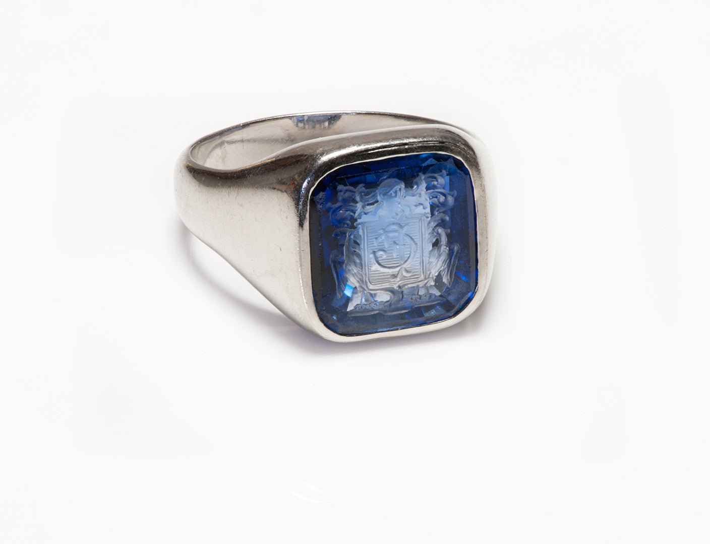 Platinum Synthetic Sapphire Intaglio Signet Men's Ring