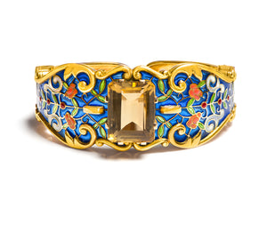 Vintage Plique a Jour Gold Citrine Cuff Bracelet