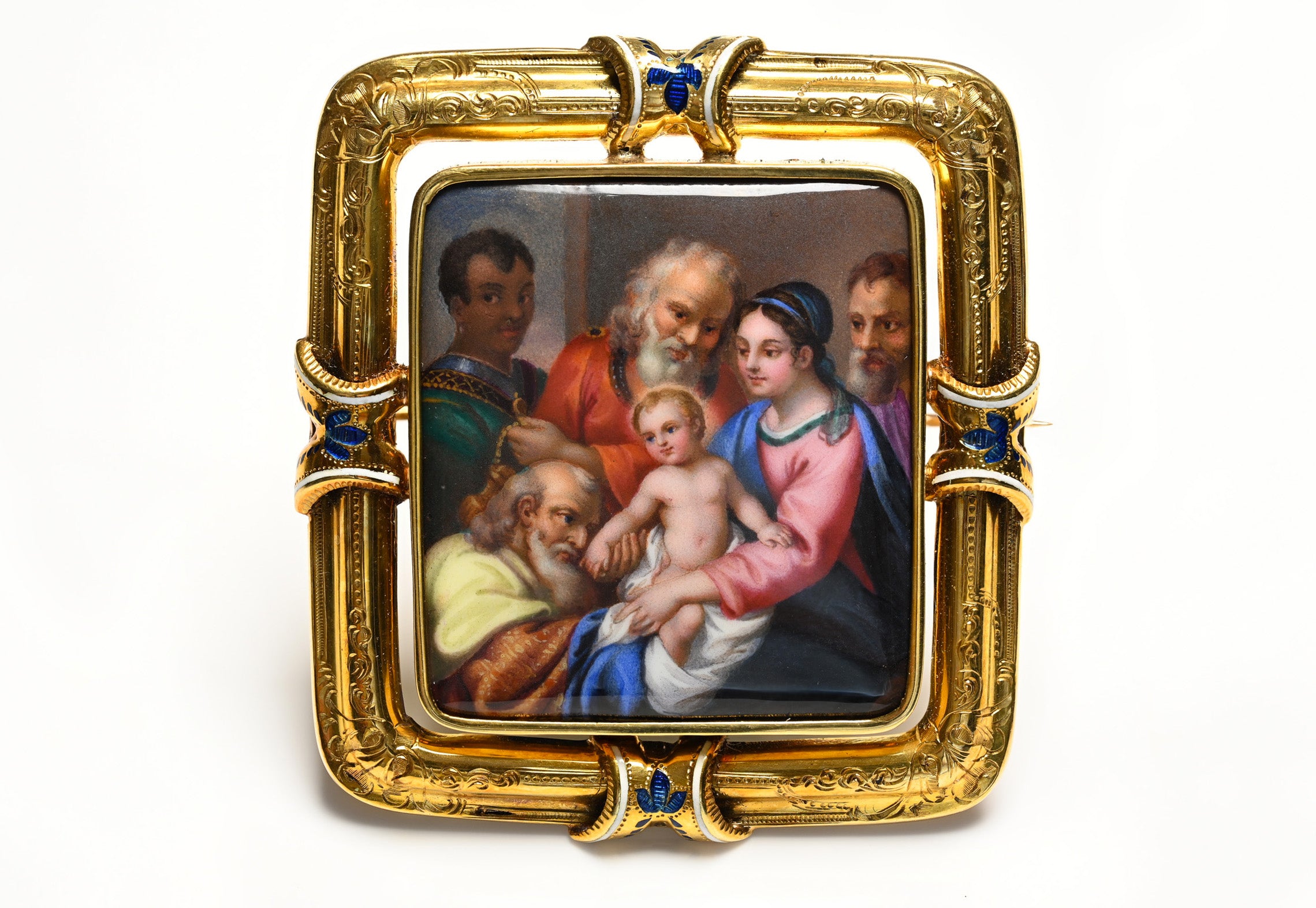 Victorian Gold Painted Enamel Religious Scene Brooch