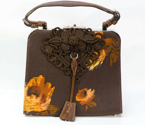 PRADA 2005 Madras Cerniera Brown Canvas Leather Embroidered Flower Print Bag