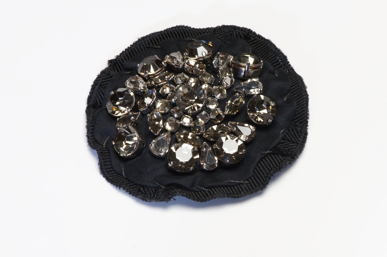 Prada Black Grosgrain Silk Ribbon Crystal Flower Brooch