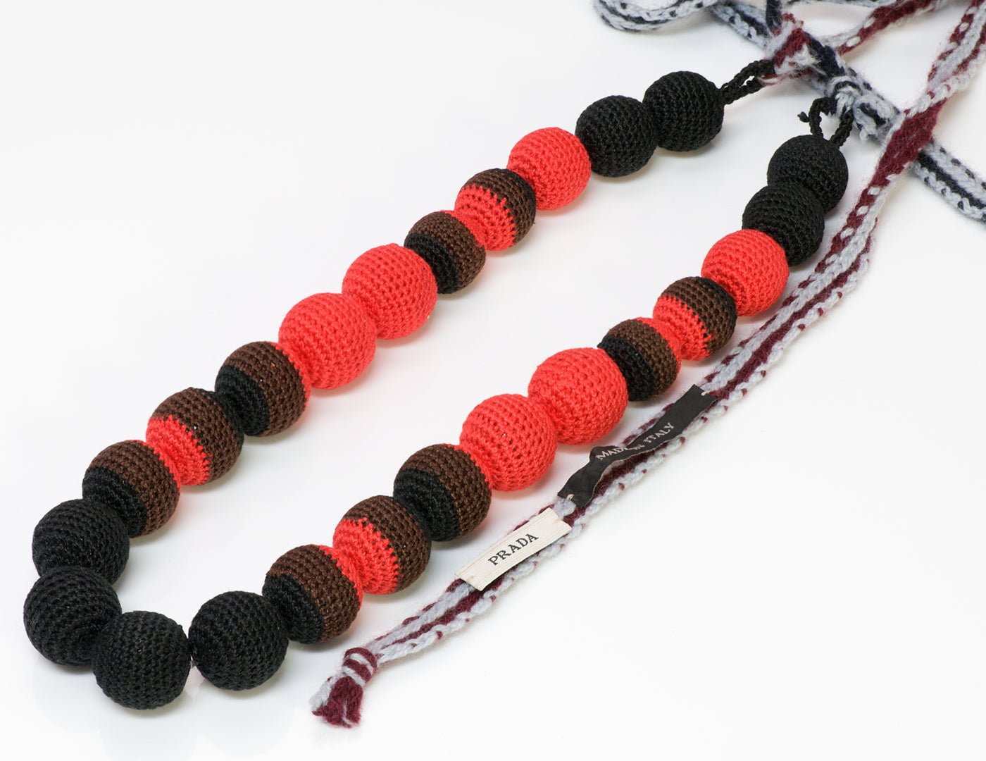 Prada Black Red Ball Macrame Crochet Necklace