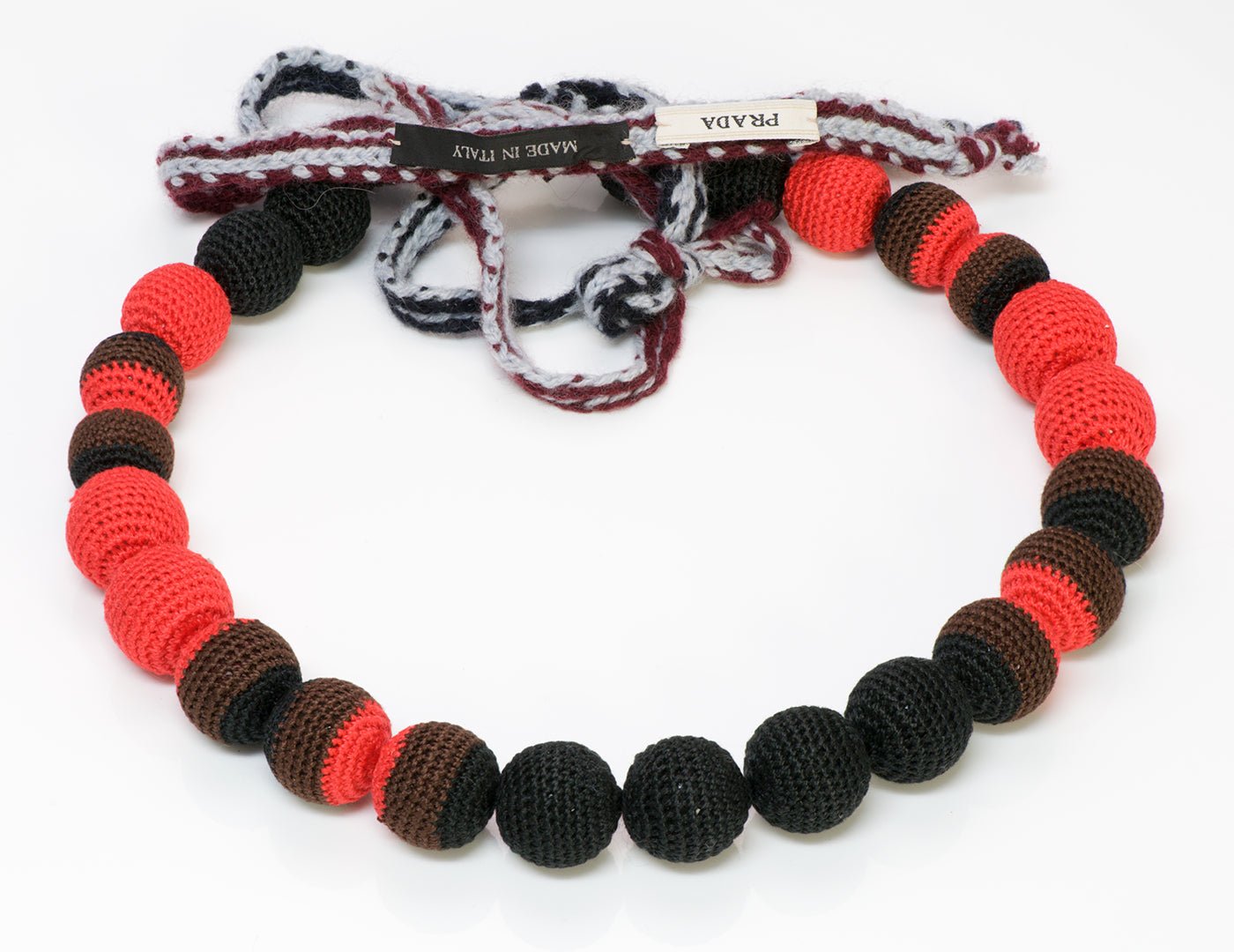 Prada Black Red Ball Macrame Crochet Necklace