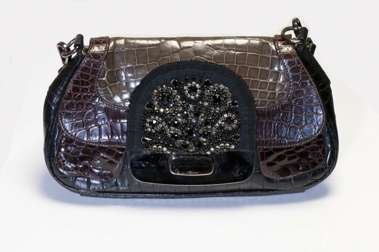 PRADA Fall 2004 Brown Crocodile Crystal Clasp Women’s Shoulder Bag