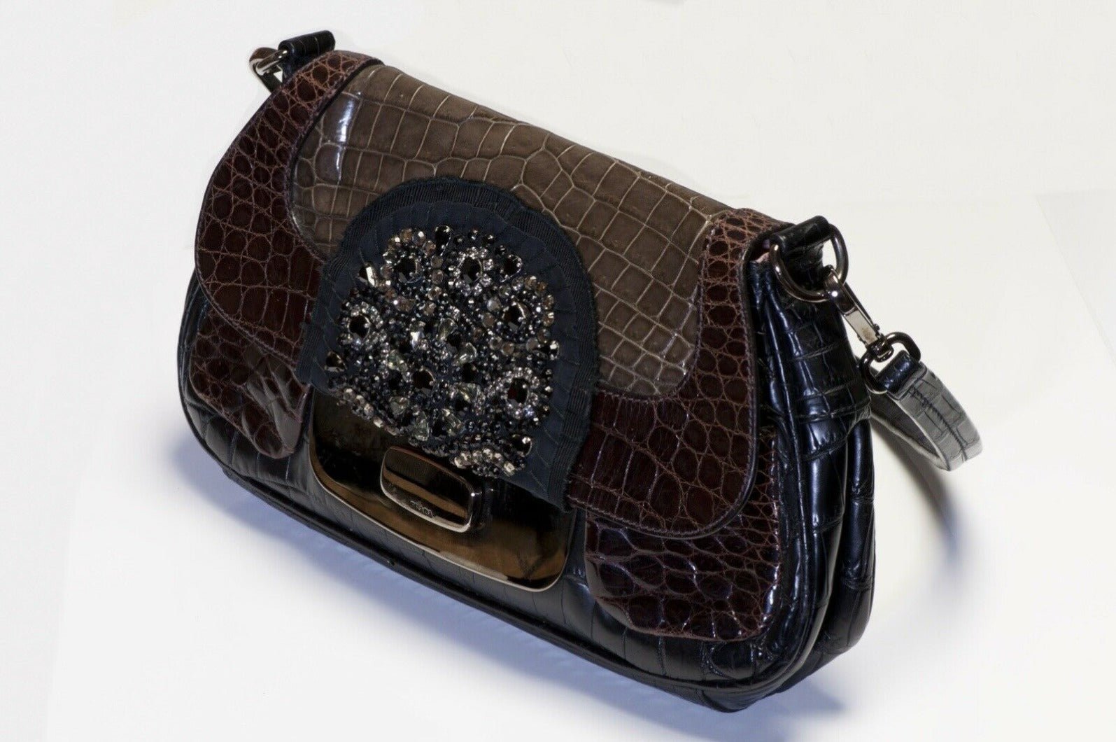 PRADA Fall 2004 Brown Crocodile Crystal Clasp Women’s Shoulder Bag