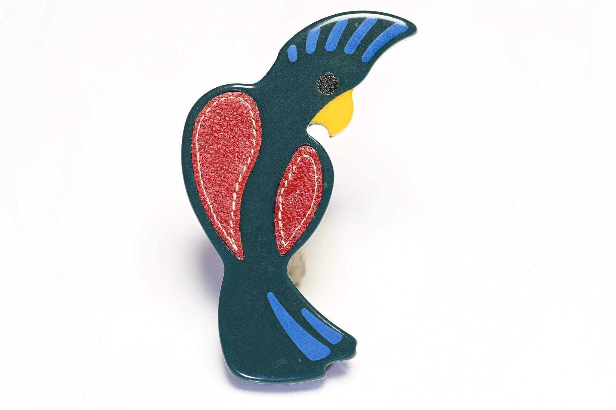 Prada Green Blue Resin Red Leather Parrot Brooch