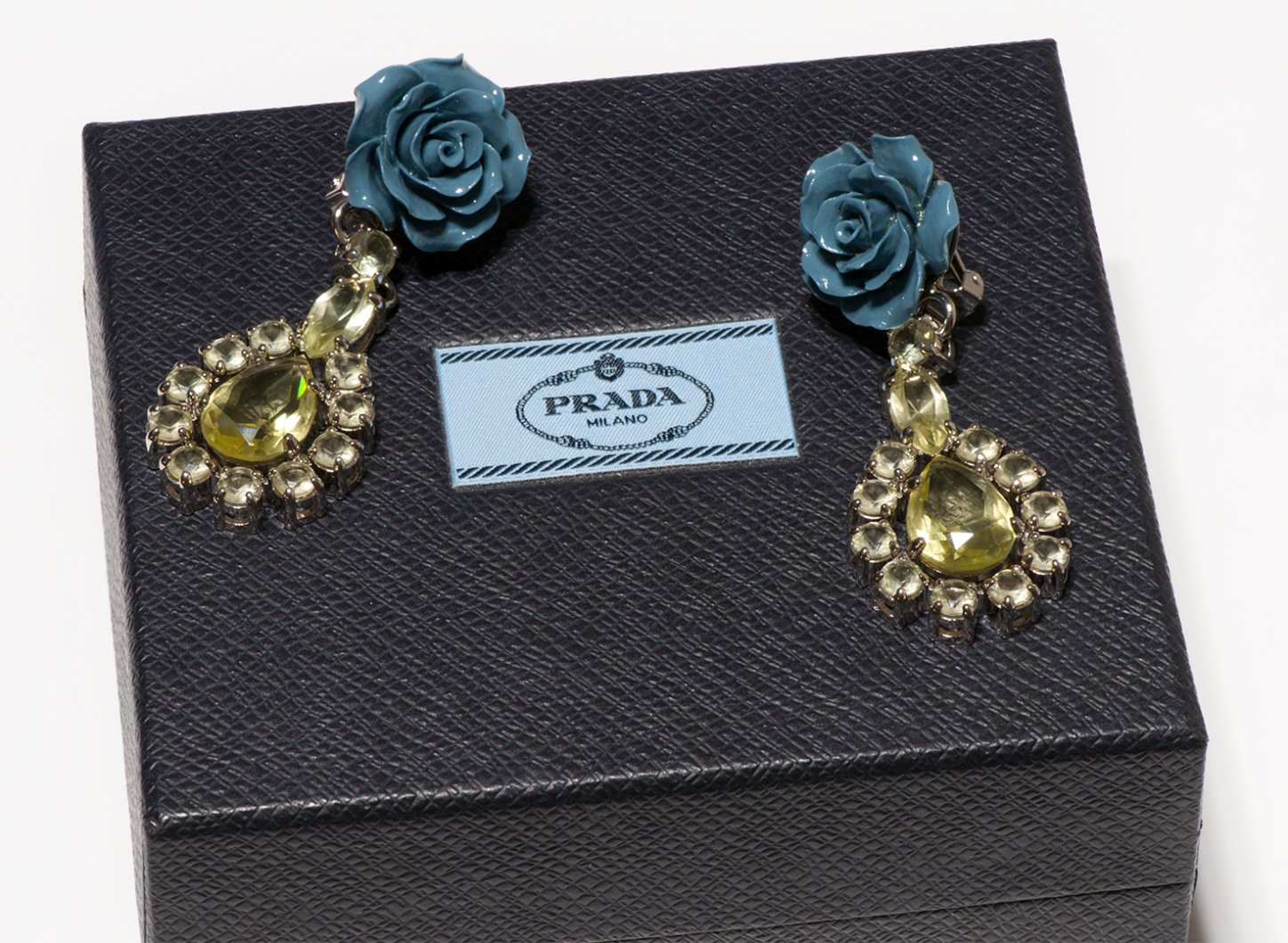 Prada Spring 2012 Blue Enamel Crystal Rose Earrings