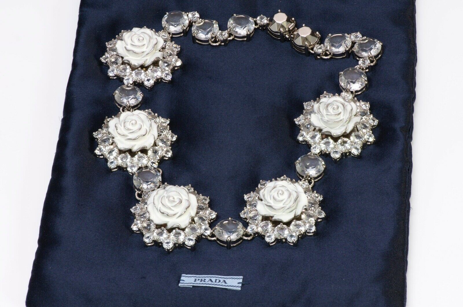 PRADA Spring 2012 White Enamel Crystal Rose Collar Necklace