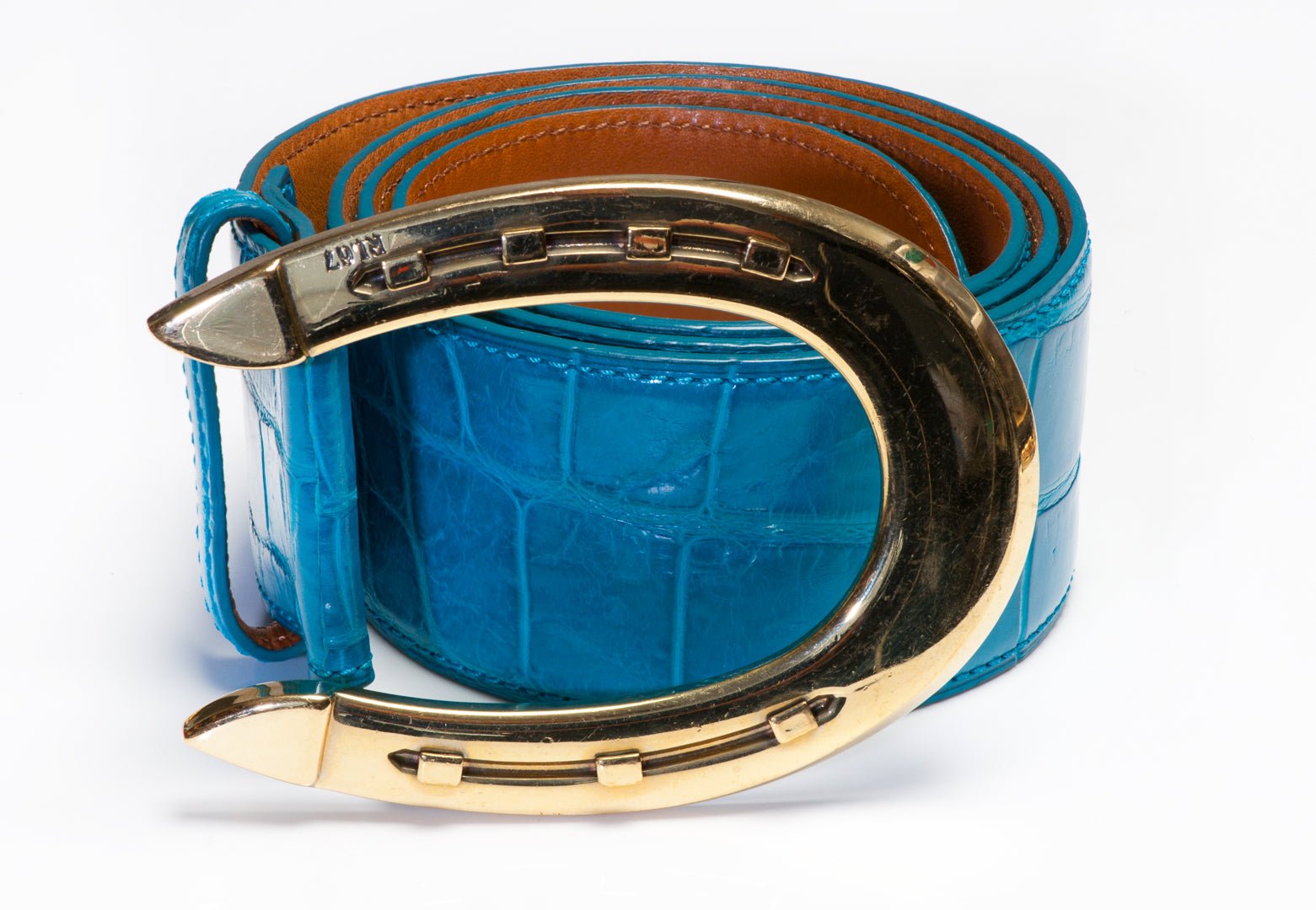 Ralph Lauren RL Turquoise Blue Alligator Wide Horseshoe Buckle Women’s Belt