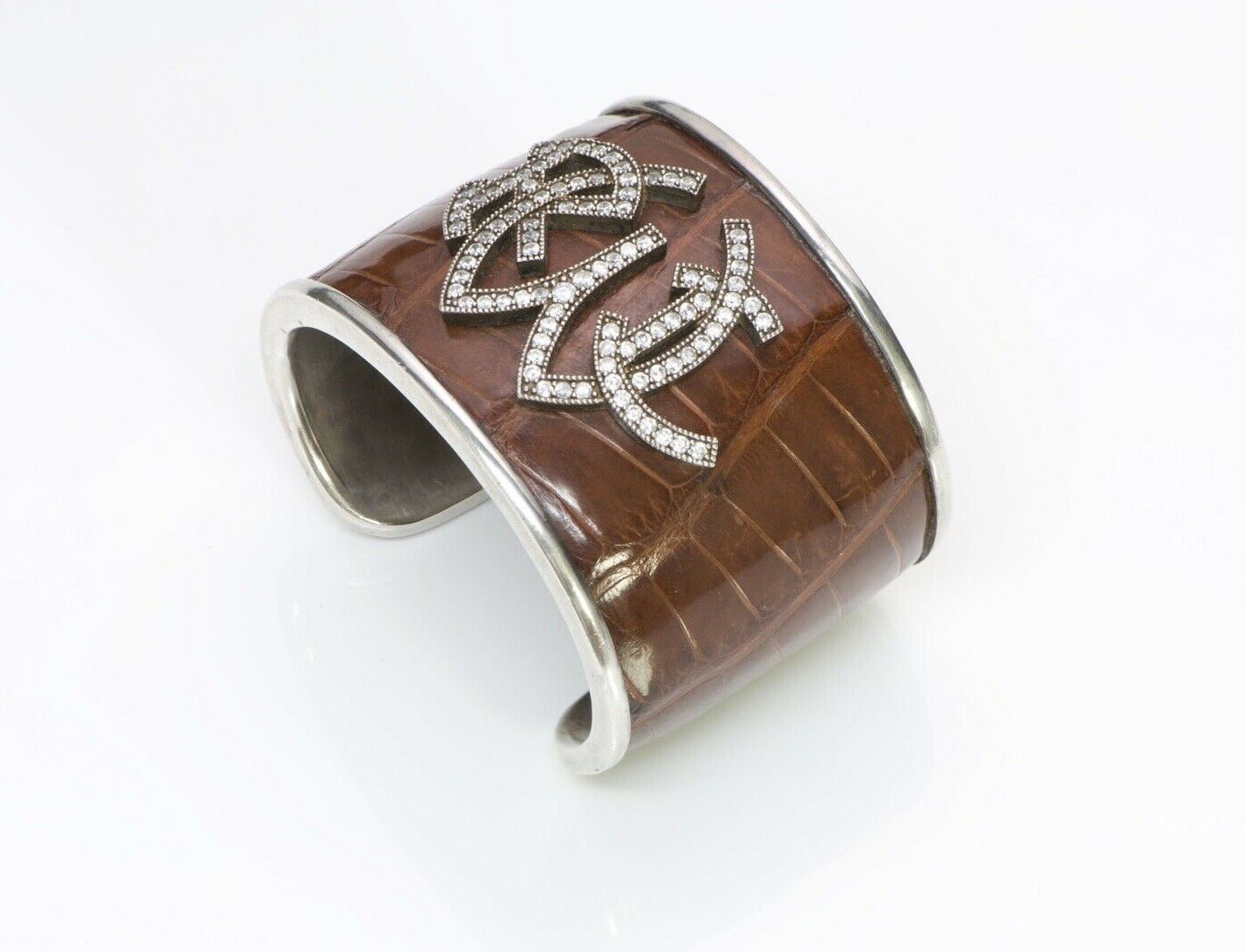Ralph Lauren RL Wide Sterling Brown Alligator Logo Cuff Bracelet