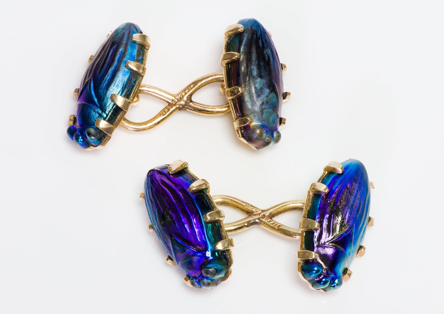 Rare Antique Tiffany & Co. 18K Gold Favrile Iridescent Glass Scarab Cufflinks