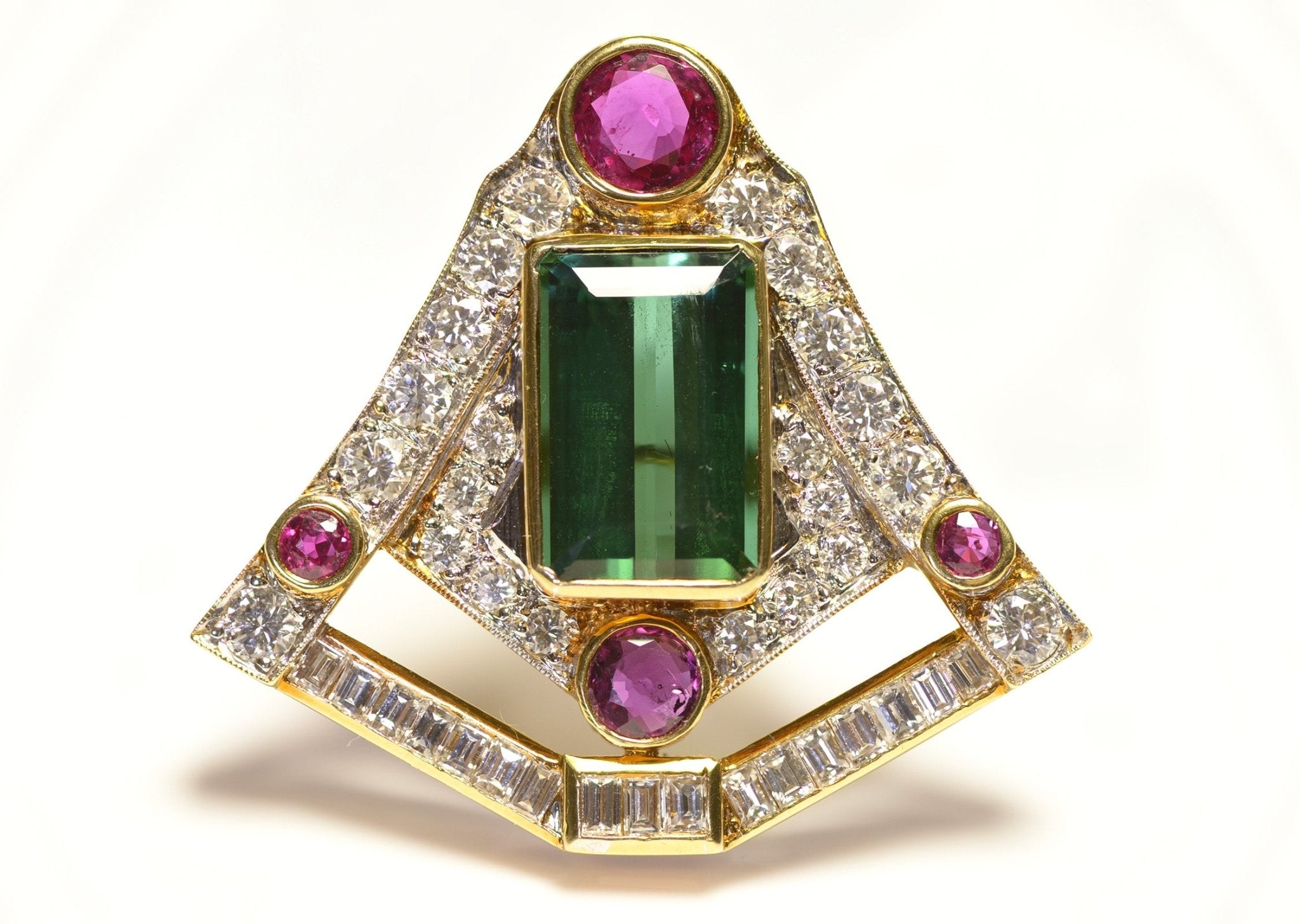 Red Green Tourmaline Diamond 18K Gold Brooch