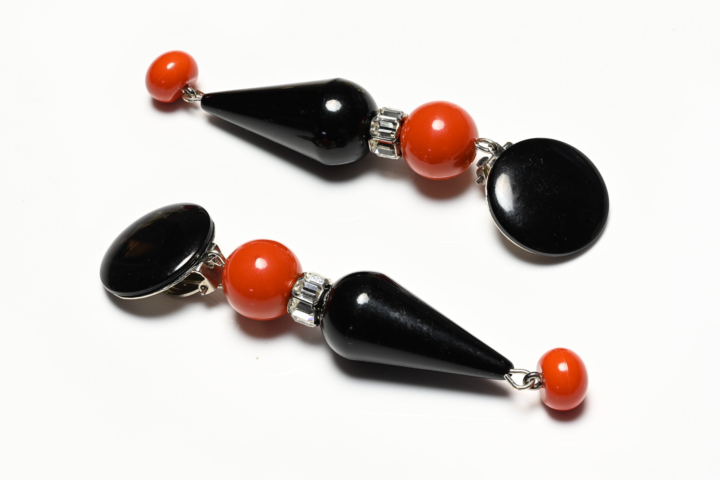 Vintage French Art Deco Style Long Black Orange Resin Beads Earrings