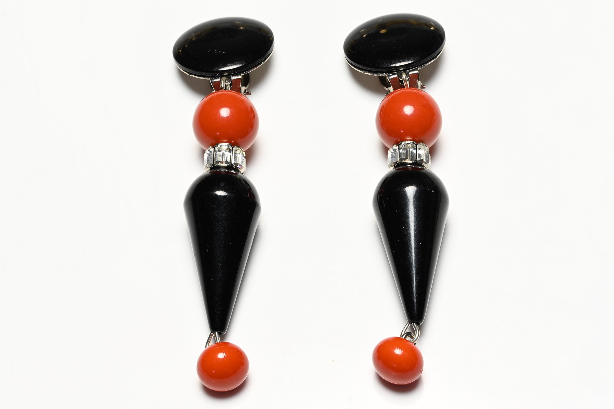 Vintage 1990's French Art Deco Style Long Black Orange Resin Beads Earrings