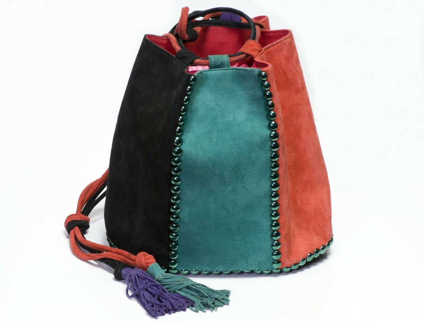 Renaud Pellegrino Paris Black Purple Green Suede Studded Drawstring Bucket Bag