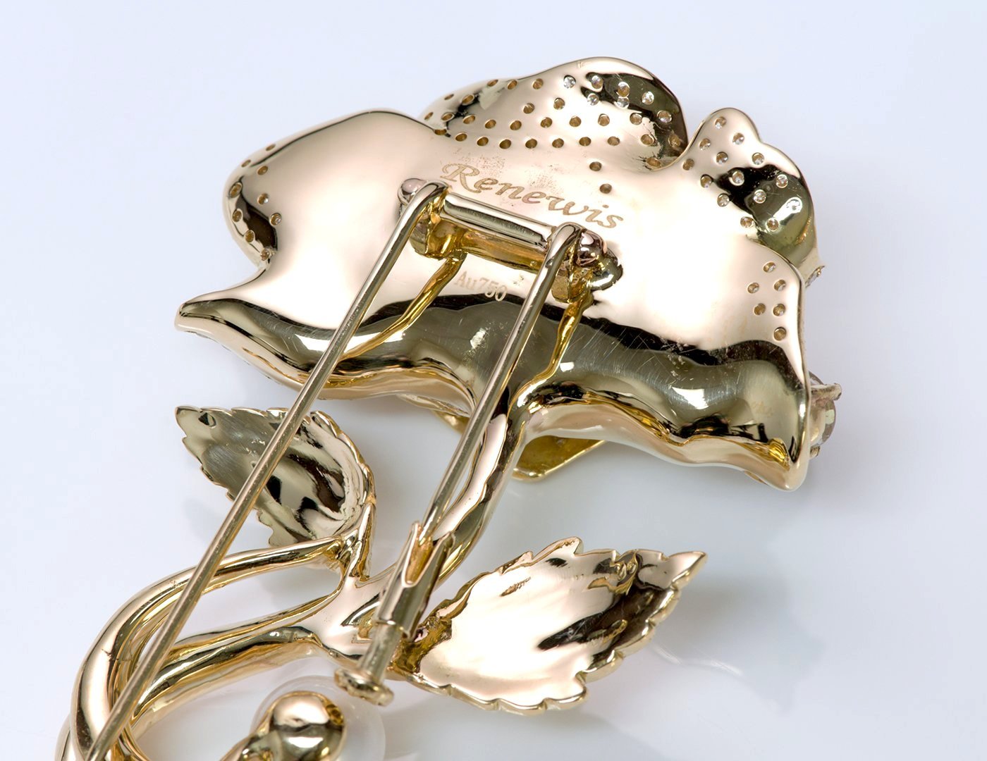 Renewis 18K Gold Diamond Sapphire Pearl Flower Brooch