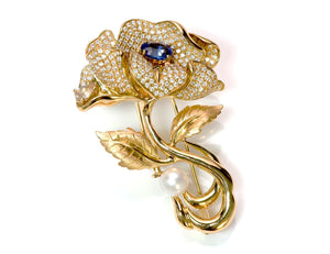 Renewis 18K Gold Diamond Sapphire Pearl Flower Brooch