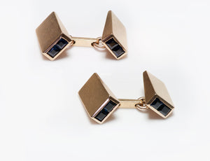 Retro 14K Yellow Gold Sapphire Men's Geometric Cufflinks