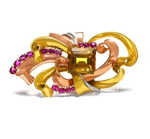 Two-Tone Retro Gold Scroll Brooch with Citrine, Rubies, and Diamonds