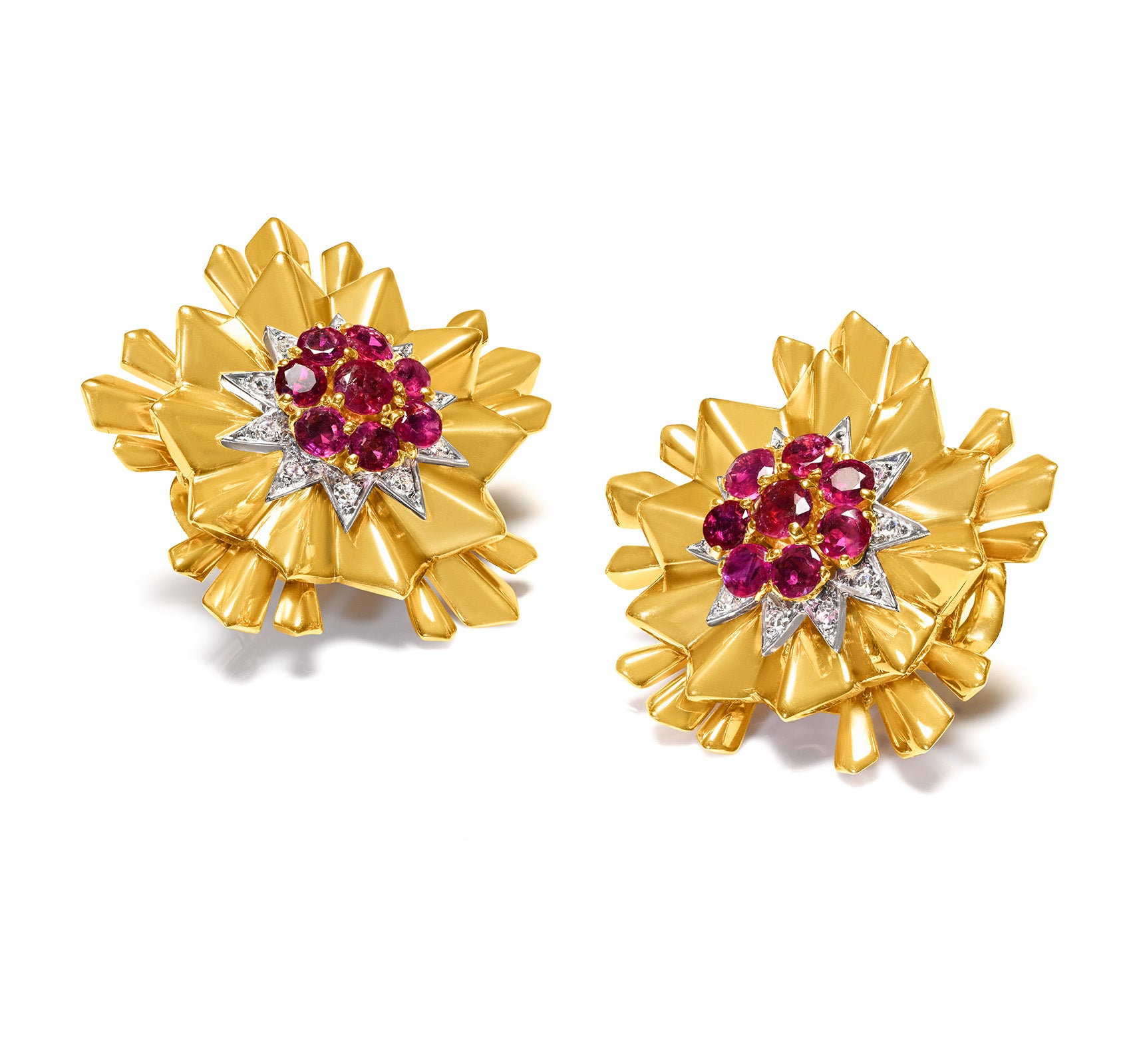 Retro Gold Ruby and Diamond Starburst Earrings