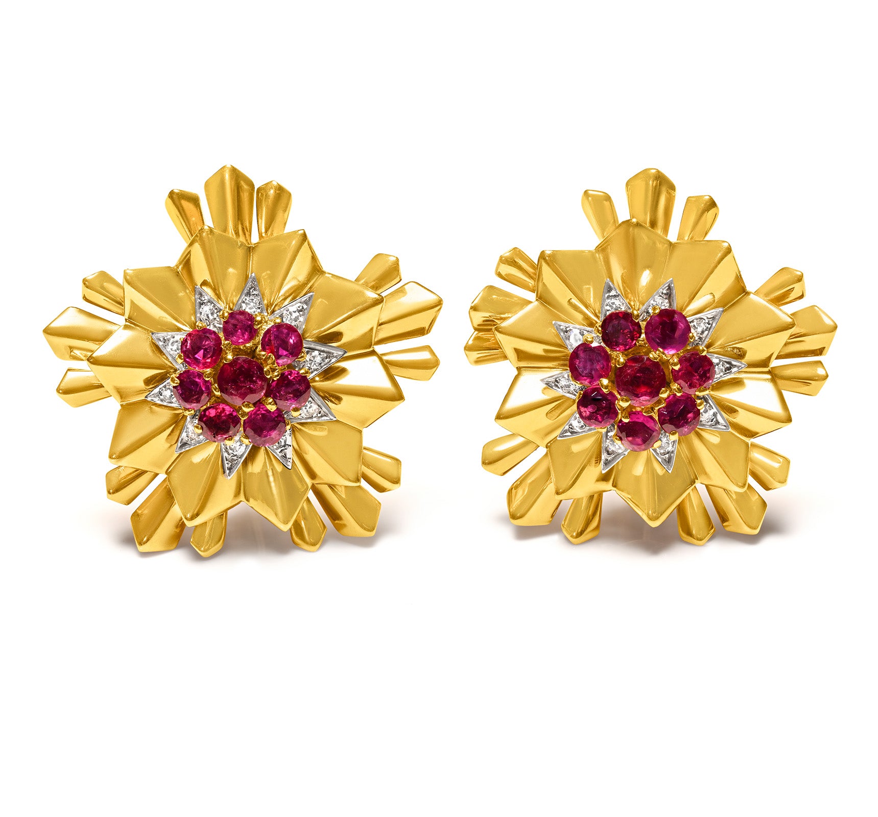 Retro 18K Gold Ruby and Diamond Starburst Earrings