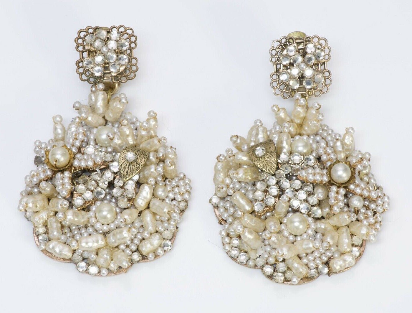 Robert DeMario 1950’s Long Pearl Crystal Filigree Earrings