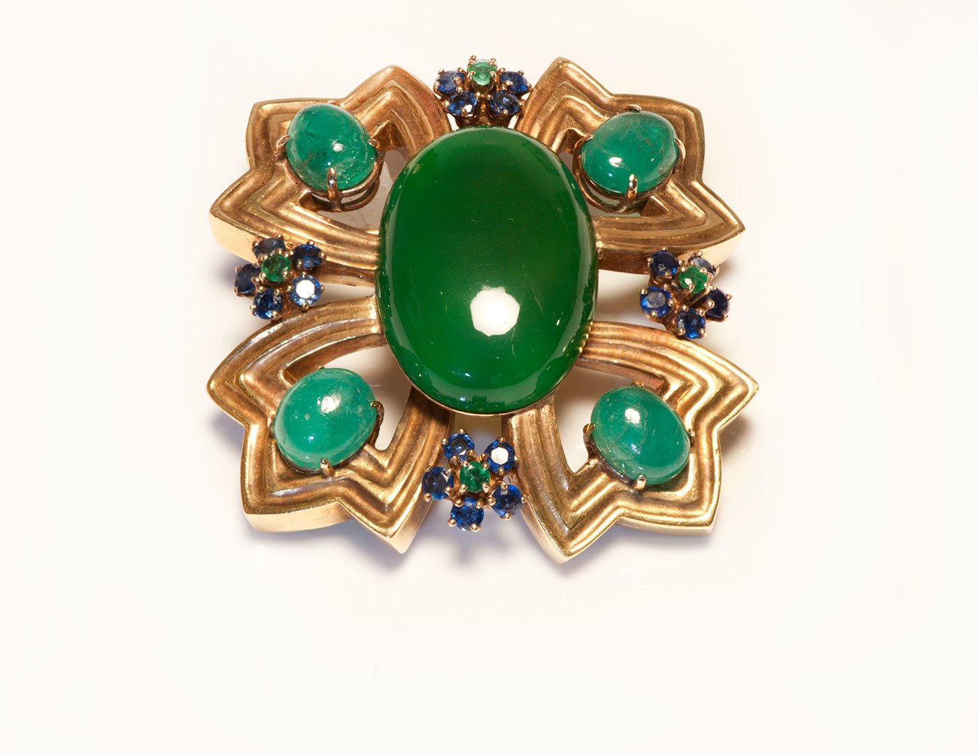 Robert Wander 18K Gold Green Onyx Emerald & Sapphire Pendant Brooch