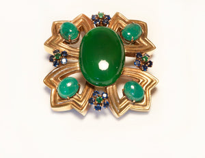 Robert Wander 18K Gold Green Onyx Emerald & Sapphire Pendant Brooch