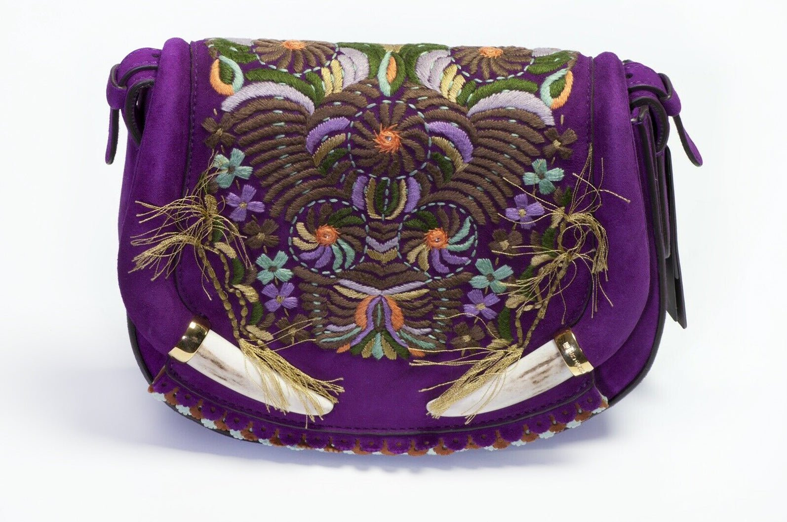 Roberto Cavalli Purple Suede Embroidered Crossbody Bag