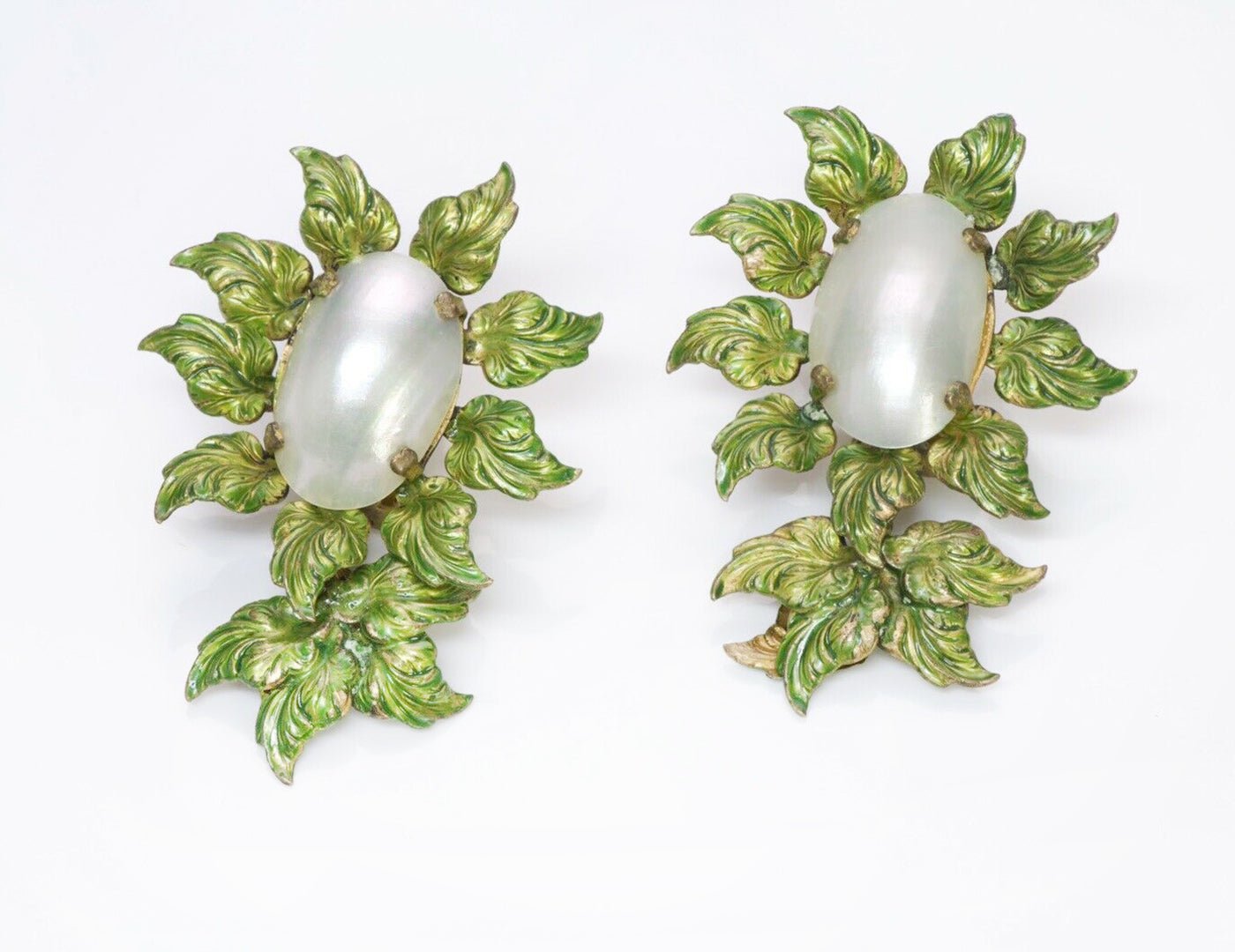 Roger Jean-Pierre 1950’s Depose Green Enamel Leaf Pearl Earrings