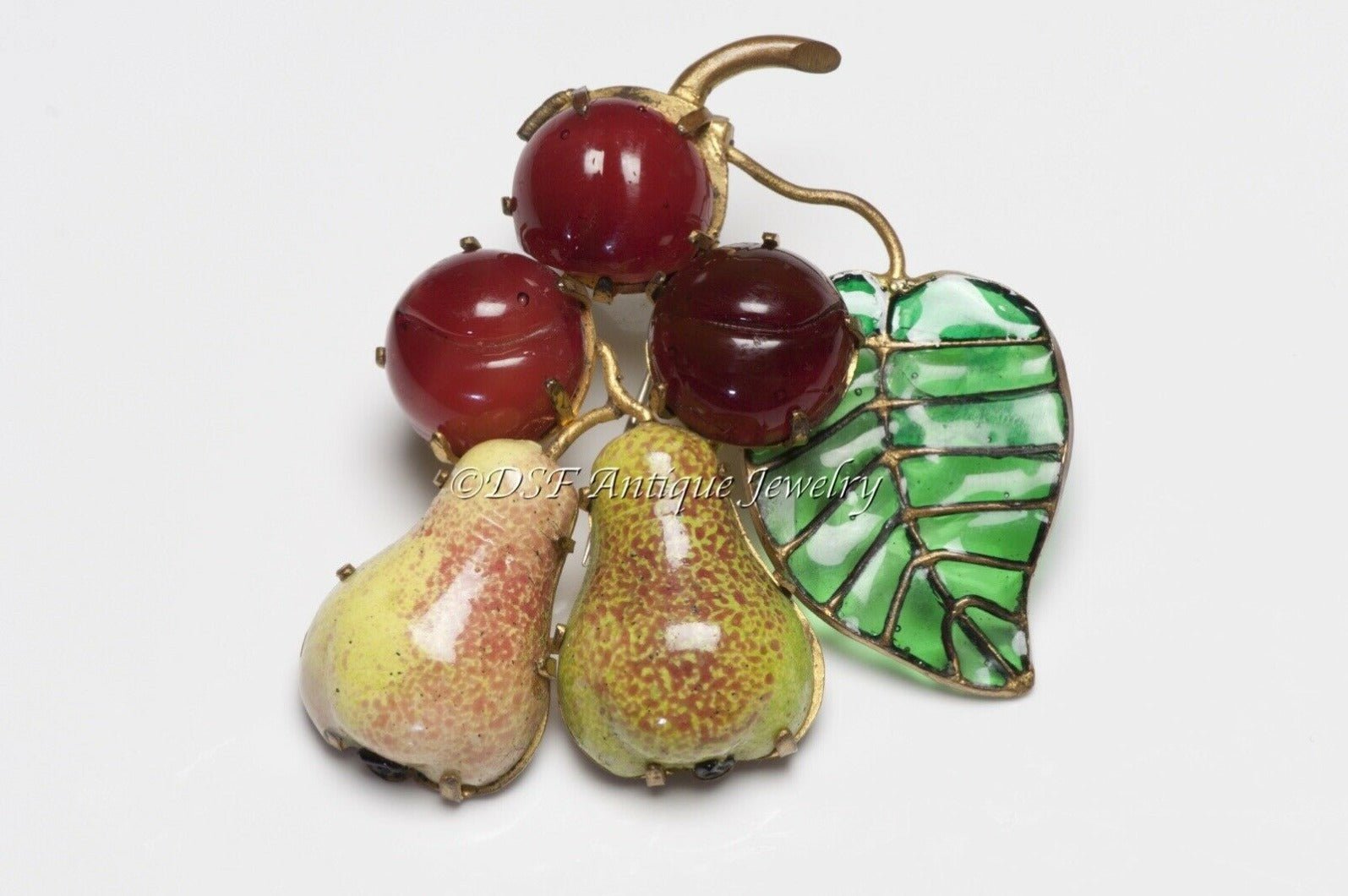 Roger Jean-Pierre Paris 1950’s Green Red Poured Glass Pear Cherry Fruit Brooch