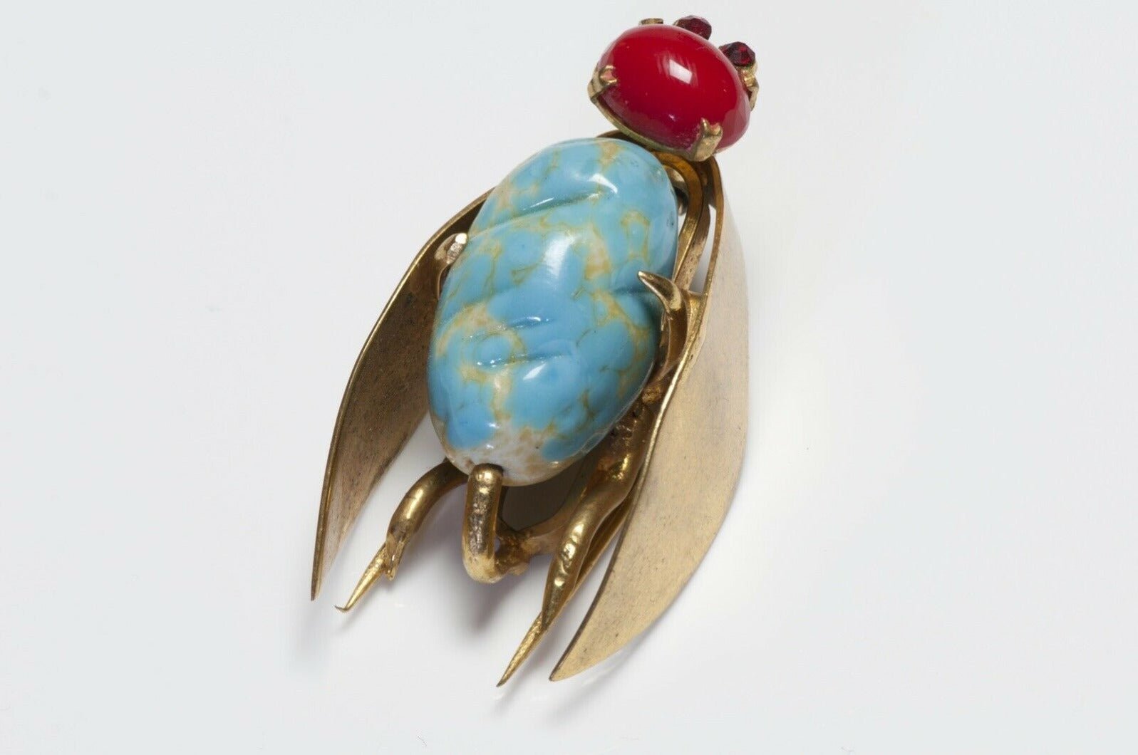 Roger Jean-Pierre Paris Depose 1950’s Blue Red Glass Bug Brooch