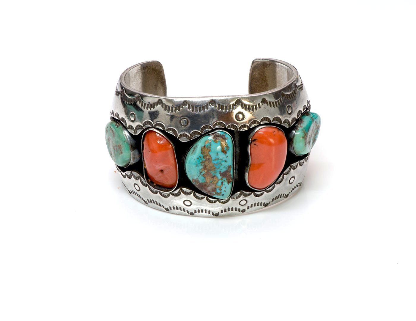 Roger Lewis American Indian Navajo Silver Coral Turquoise Cuff Bracelet