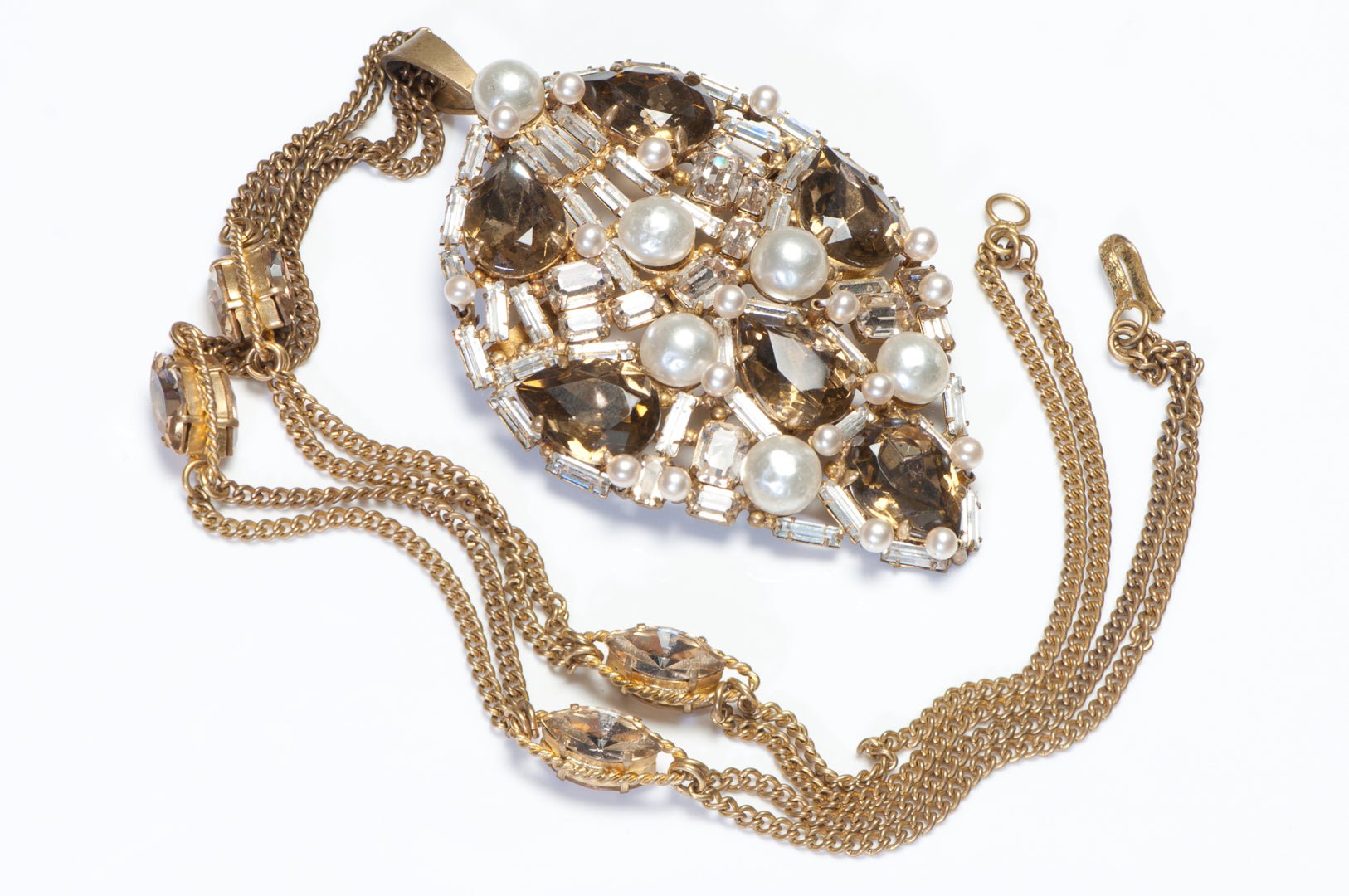 Roger Scemama 1960’s Yves Saint Laurent Brown Crystal Pearl Brooch Necklace