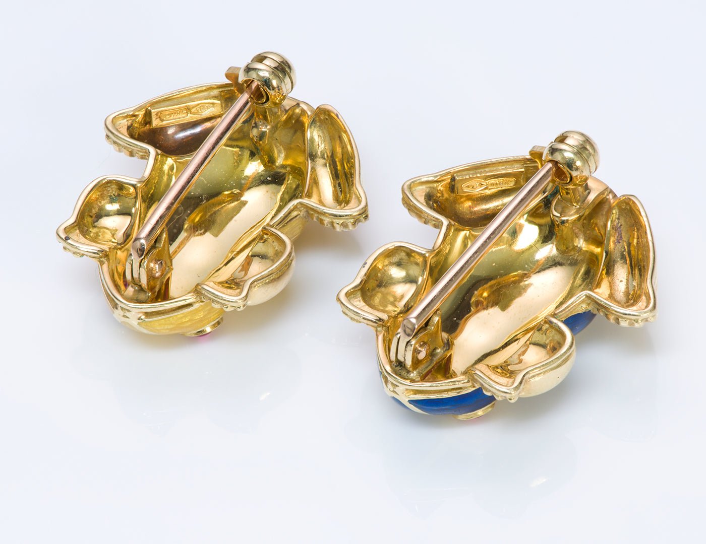 Ruby 18K Gold Enamel Pair Frogs Brooch Pin