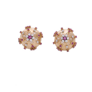 Retro Yellow Gold Ruby Diamond Earrings