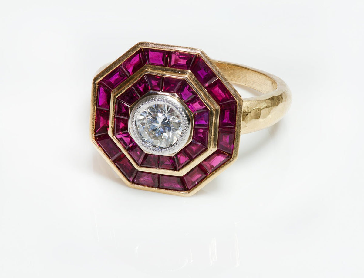 Ruby Diamond Hammered 18K Yellow Gold Ring