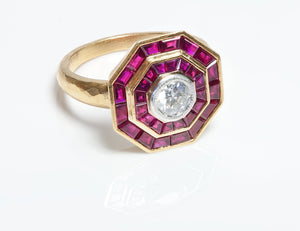 Ruby and Diamond Octagonal Hammered 18K Yellow Gold Ring