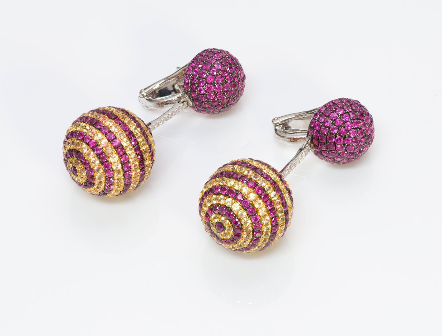 Ruby Yellow Sapphire & Diamond Gold Dangle Ball Earrings