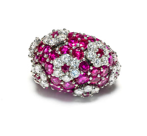 Burma Ruby Diamond Dome 18K Ring 14.0 Ctw Rubies 4.50 Ctw Diamonds