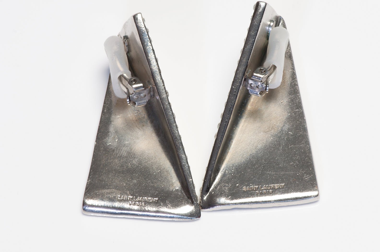 Saint Laurent Paris Black Enamel Silver Tone Crystal Geometric Earrings