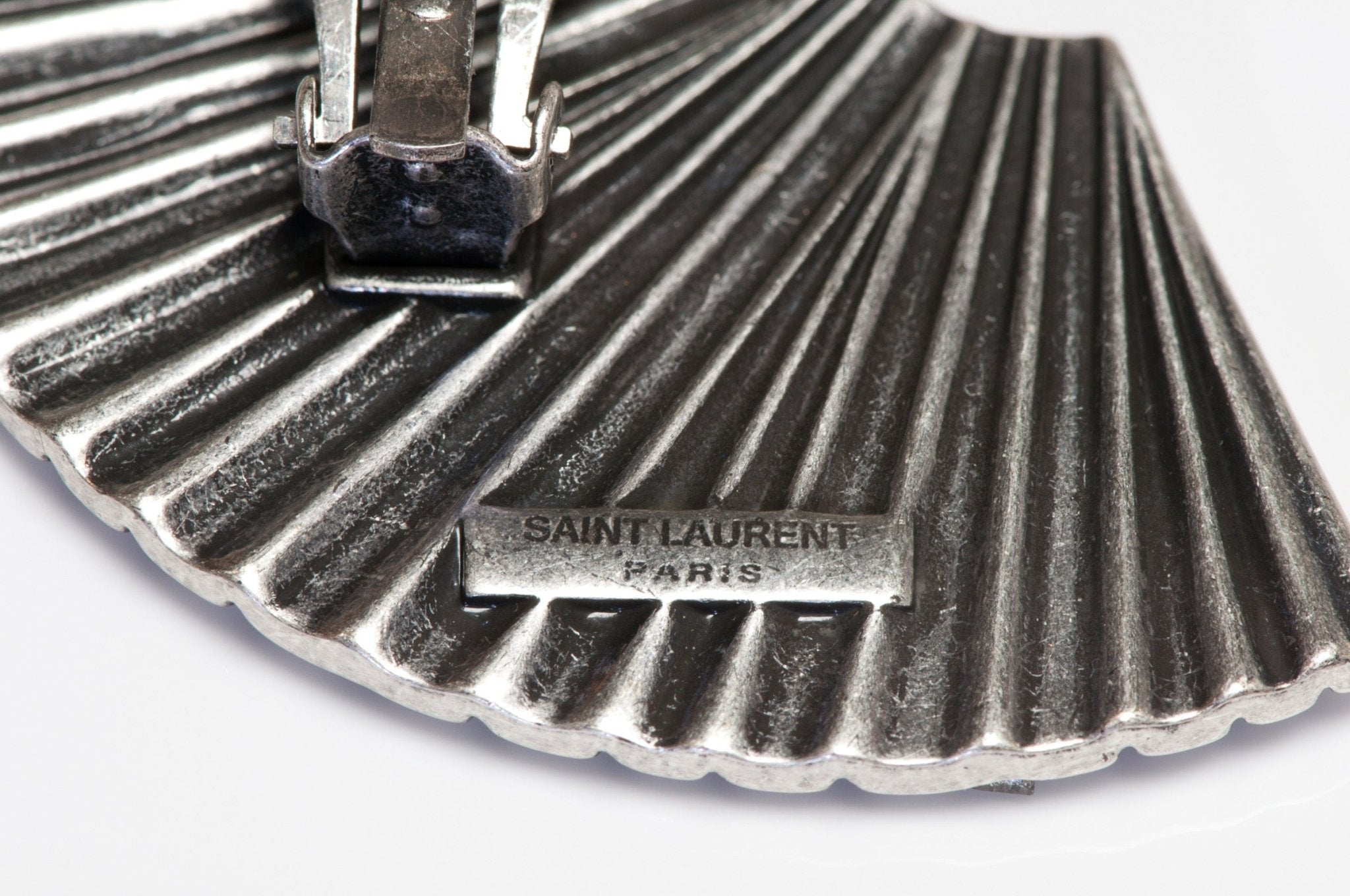 Saint Laurent Paris Silver Tone Crystal Large Fan Earrings