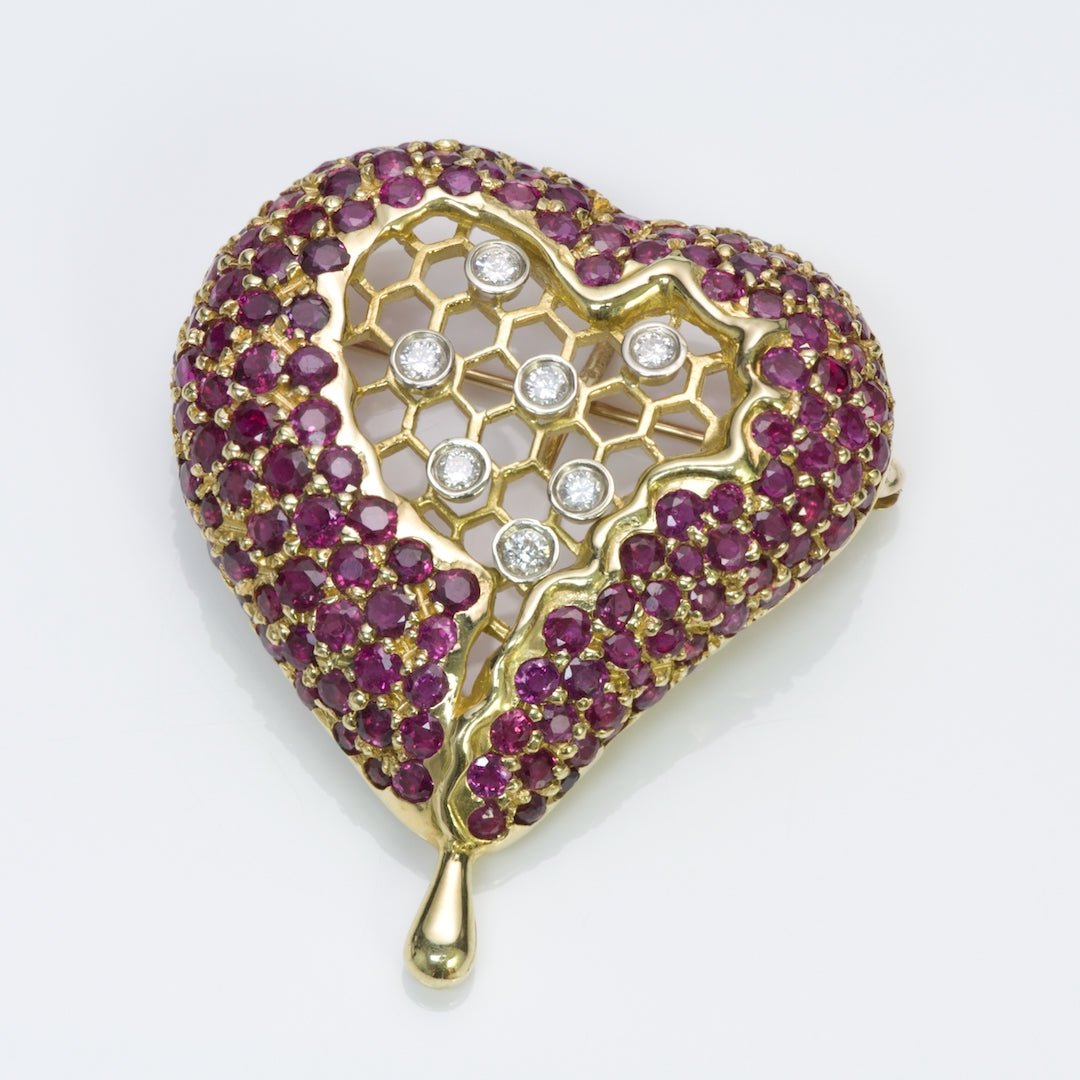 Salvador Dali Kaston 18K Gold Ruby Diamond Honeycomb Pendant Brooch